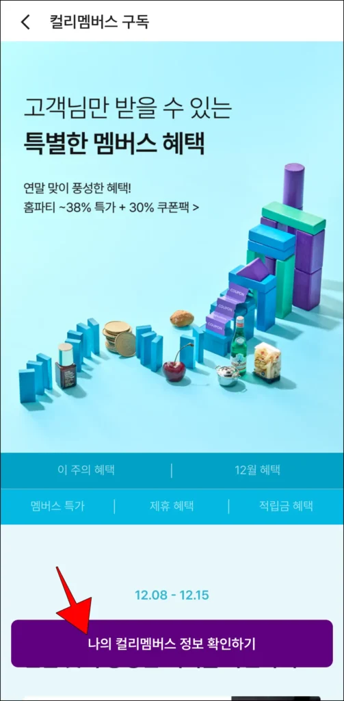 컬리 멤버스 구독 화면의 '나의 컬리 멤버스 정보 확인하기'를 선택