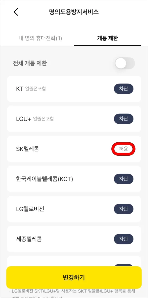 개통 제한이 허용으로 설정된 것을 확인