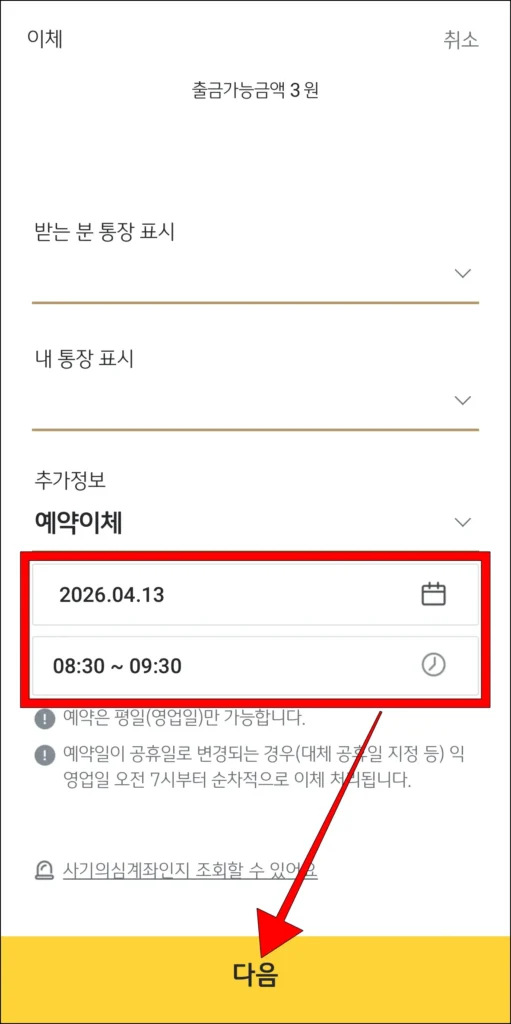 이체 날짜와 시간 설정 후 '다음' 선택