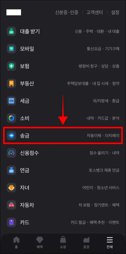 토스 앱 전체 메뉴에서 '송금' 메뉴를 선택