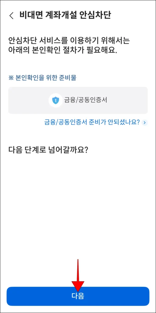 본인확인 절차 안내 확인 후 '다음' 선택